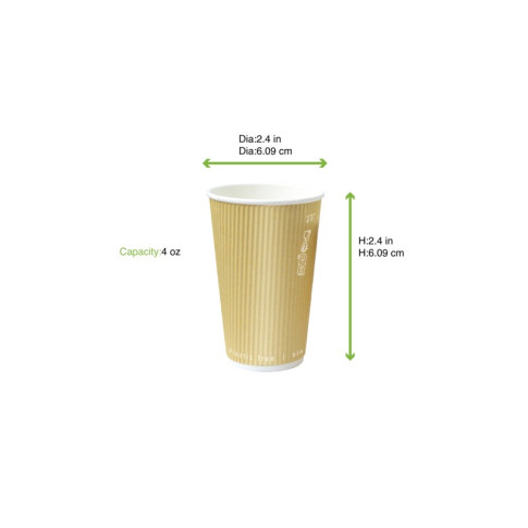 Gobelet Rippley en carton kraft ondulé beige à double paroi sans plastique, Waterbased  H62mm 120ml