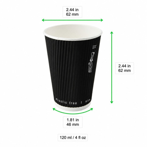 Gobelet Rippley en carton kraft ondulé noir à double paroi sans plastique, Waterbased  H62mm 120ml
