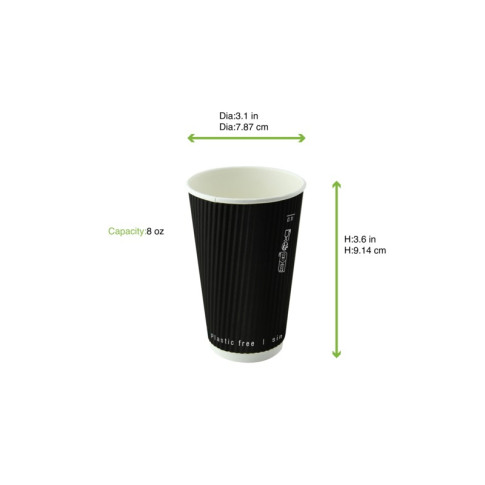 Gobelet Rippley en carton kraft ondulé noir à double paroi sans plastique, Waterbased  H92mm 230ml