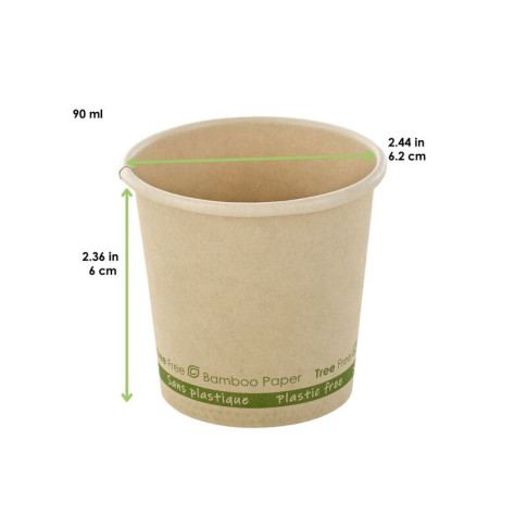 Gobelet beige en carton fibre de bambou sans plastique, Waterbased  H60mm 90ml