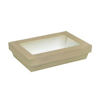Boite "Kray" rectangulaire carton brun avec couvercle à fenêtre PLA  225x155mm H53mm 1500ml