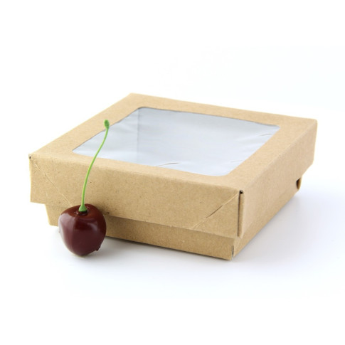 Boite "Kray" carrée carton brun avec couvercle à fenêtre  115x115mm H40mm 350ml