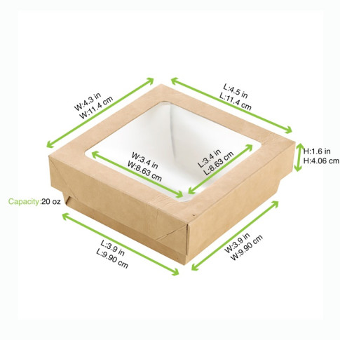 Boite "Kray" carrée carton brun avec couvercle à fenêtre  115x115mm H40mm 350ml