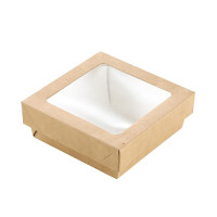 Boîte "Kray" carrée carton brun avec couvercle à fenêtre 115x115mm H40mm 350ml