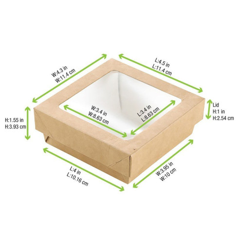 Boîte "Kray" carrée carton brun avec couvercle à fenêtre 115x115mm H40mm 350ml
