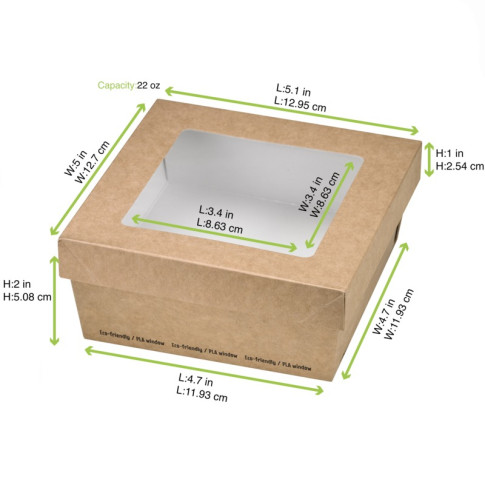 Boite "Kray" carrée carton brun avec couvercle à fenêtre  135x135mm H50mm 700ml