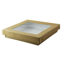 Boîtes "Kray" carrée carton brun avec couvercles à fenêtre 205x205mm H40mm 1000ml