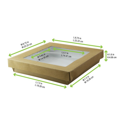 Boîtes "Kray" carrée carton brun avec couvercles à fenêtre 205x205mm H40mm 1000ml
