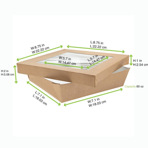 Boite "Kray" carrée carton brun avec couvercle à fenêtre  205x205mm H50mm 1 550ml