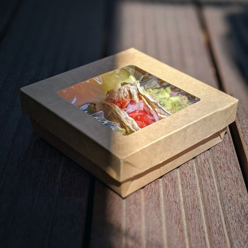 Boîte "Kray" carrée carton brun avec couvercle à fenêtre 200x200mm H80mm 3500ml