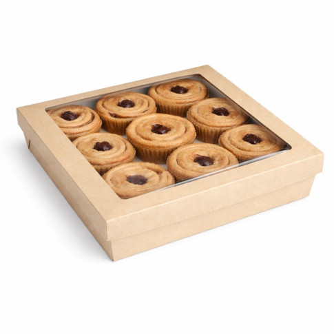 Boîte "Kray" carrée carton brun avec couvercle à fenêtre 245x245mm H80mm 4 200ml