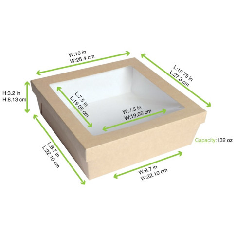 Boîte "Kray" carrée carton brun avec couvercle à fenêtre 245x245mm H80mm 4 200ml