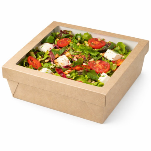 Boîte "Kray" carrée carton brun avec couvercle à fenêtre 265x265mm H50mm 3000ml