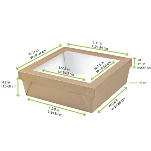 Boîte "Kray" carrée carton brun avec couvercle à fenêtre 265x265mm H50mm 3000ml