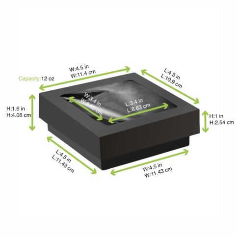 Boîte "Kray" carrée carton noir avec couvercle à fenêtre 115x115mm H40mm 350ml