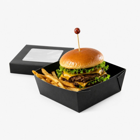 Boîte "Kray" carrée carton noir avec couvercle à fenêtre 135x135mm H50mm 700ml