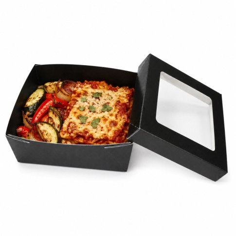 Boîte "Kray" carrée carton noir avec couvercle à fenêtre 155x155mm H50mm 950ml