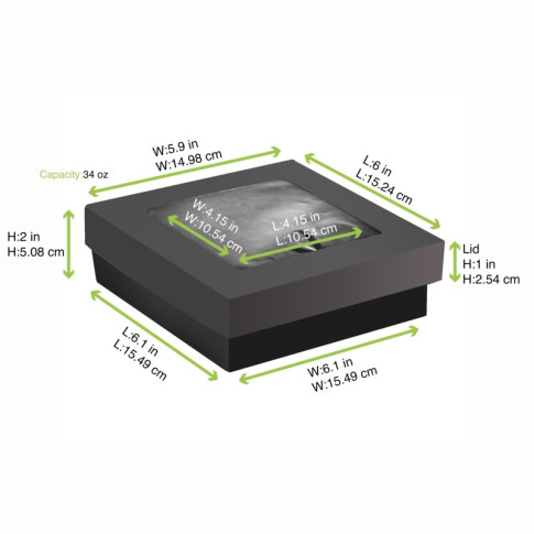 Boîte "Kray" carrée carton noir avec couvercle à fenêtre 155x155mm H50mm 950ml