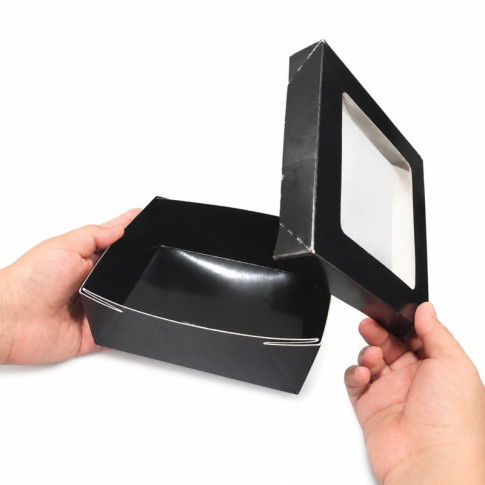 Boîte "Kray" carrée carton noir avec couvercle à fenêtre 155x155mm H50mm 950ml