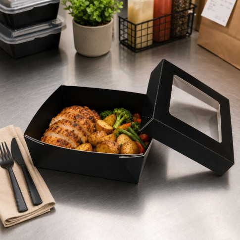 Boîte "Kray" carrée carton noir avec couvercle à fenêtre 155x155mm H50mm 950ml