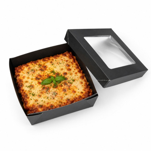 Boîte "Kray" carrée carton brun avec couvercle à fenêtre 200x200mm H65mm