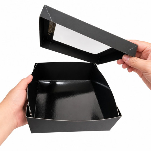 Boîte "Kray" carrée carton brun avec couvercle à fenêtre 200x200mm H65mm