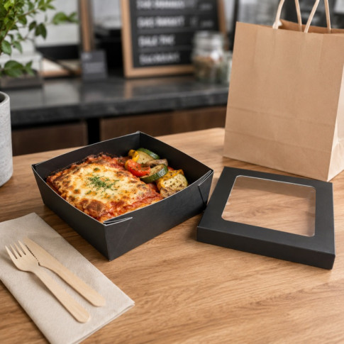 Boîte "Kray" carrée carton brun avec couvercle à fenêtre 200x200mm H65mm