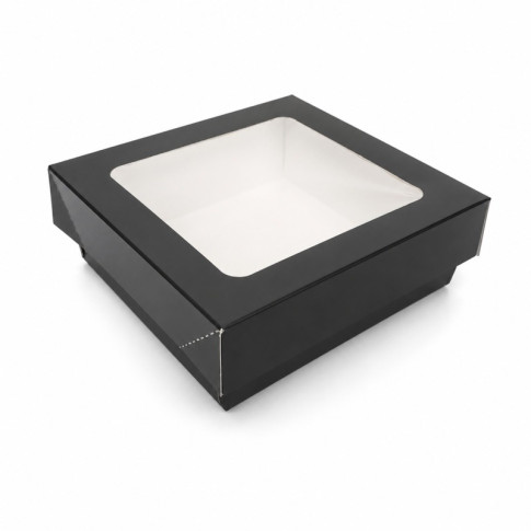 Boîte "Kray" carrée carton noir avec couvercle à fenêtre 115x115mm H40mm 350ml