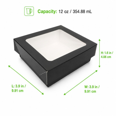 Boîte "Kray" carrée carton noir avec couvercle à fenêtre 115x115mm H40mm 350ml