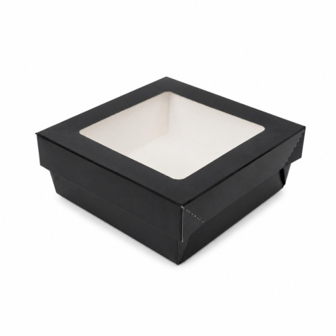 Boîte "Kray" carrée carton noir avec couvercle à fenêtre 135x135mm H50mm 700ml