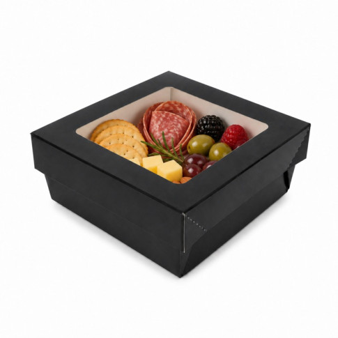 Boîte "Kray" carrée carton noir avec couvercle à fenêtre 135x135mm H50mm 700ml