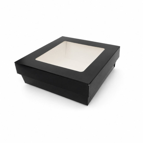 Boîte "Kray" carrée carton noir avec couvercle à fenêtre 155x155mm H53mm 950ml