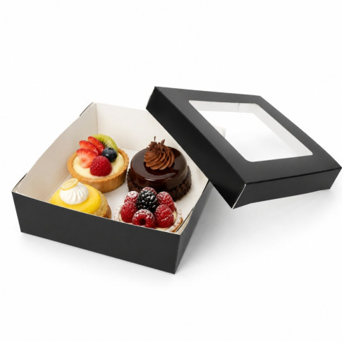 Boîte "Kray" carrée carton noir avec couvercle à fenêtre 155x155mm H53mm 950ml