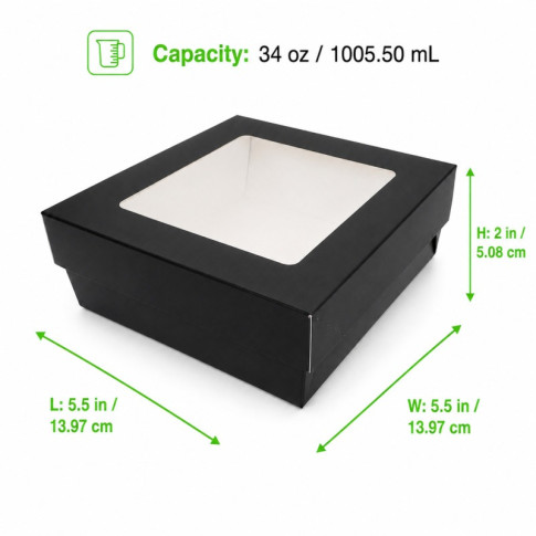 Boîte "Kray" carrée carton noir avec couvercle à fenêtre 155x155mm H53mm 950ml