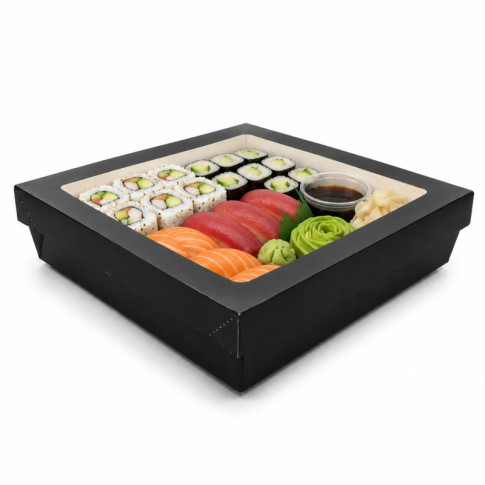 Boîte "Kray" carrée carton noir avec couvercle à fenêtre 205x205mm H55mm 1 550ml