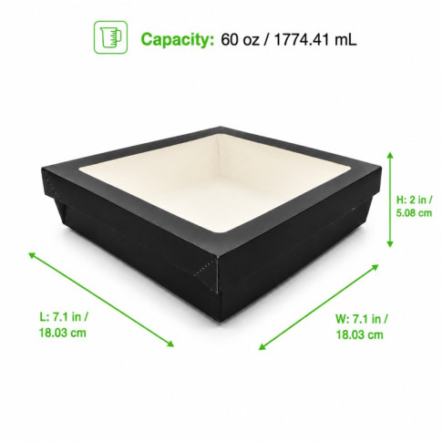 Boîte "Kray" carrée carton noir avec couvercle à fenêtre 205x205mm H55mm 1 550ml