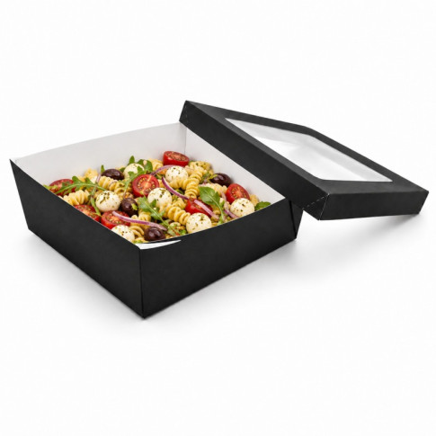 Boîte "Kray" carrée carton noir avec couvercle à fenêtre 245x245mm H80mm 4 200ml