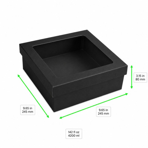 Boîte "Kray" carrée carton noir avec couvercle à fenêtre 245x245mm H80mm 4 200ml