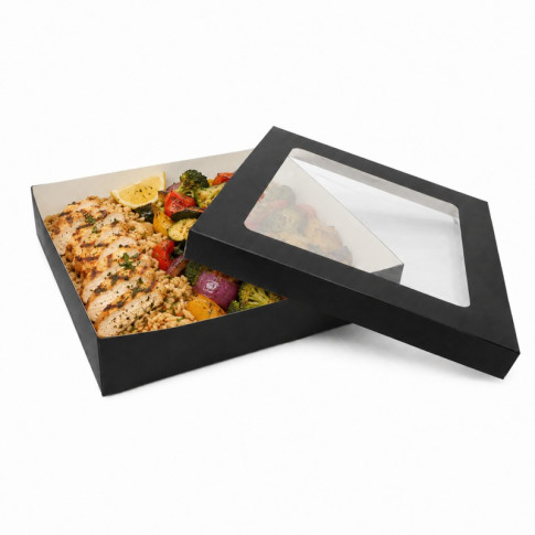 Boîte "Kray" carrée carton noir avec couvercle à fenêtre 265x265mm H50mm 3000ml