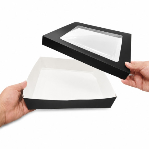 Boîte "Kray" carrée carton noir avec couvercle à fenêtre 265x265mm H50mm 3000ml