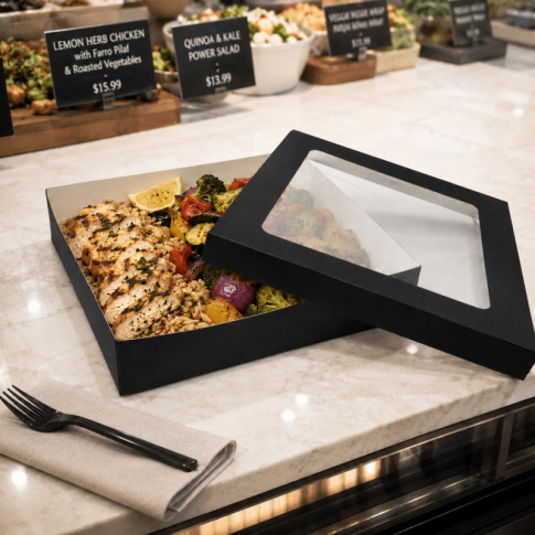 Boîte "Kray" carrée carton noir avec couvercle à fenêtre 265x265mm H50mm 3000ml