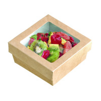Boite "Kray" carrée carton brun avec couvercle à fenêtre en PLA  135x135mm H50mm 700ml