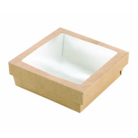 Boîte "Kray" carrée carton brun avec couvercle à fenêtre en PLA 155x155mm H53mm 900ml
