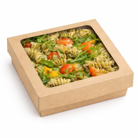 Boîte "Kray" carrée carton brun avec couvercle à fenêtre en PLA 155x155mm H53mm 900ml
