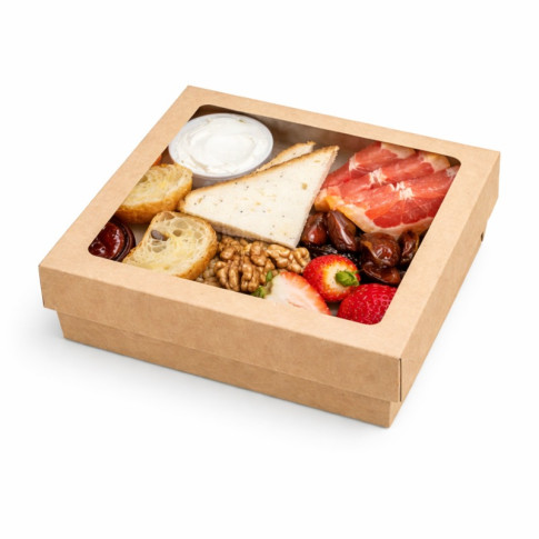 Boite "Kray" carrée carton brun avec couvercle à fenêtre en PLA  205x205mm H40mm 1300ml
