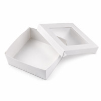 Boite "Kray" carrée carton blanc avec couvercle à fenêtre en PLA  135x135mm H50mm 700ml