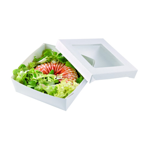 Boite "Kray" carrée carton blanc avec couvercle à fenêtre en PLA  135x135mm H50mm 700ml