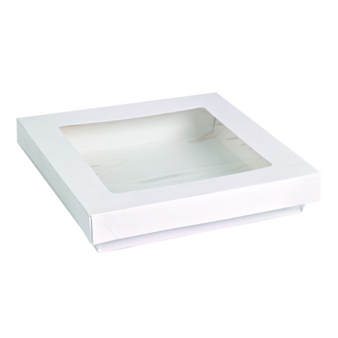 Boite "Kray" carrée carton blanc avec couvercle à fenêtre en PLA  155x155mm H50mm 900ml