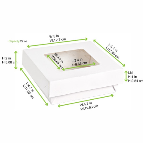 Boite "Kray" carrée carton blanc avec couvercle à fenêtre  135x135mm H50mm 700ml