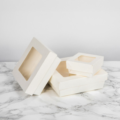 Boite "Kray" carrée carton blanc avec couvercle à fenêtre  155x155mm H50mm 950ml